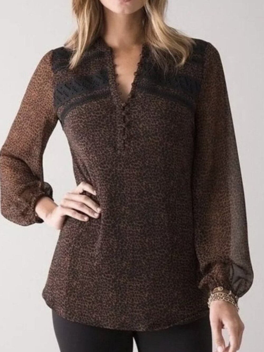 WHBM Tan Leopard Print Sheer Button-Up Balloon Sleeve Blouse Career Preppy Sz L